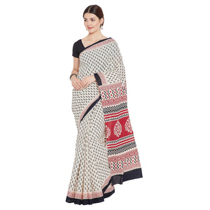 Red & White Sanganeri Hand Block Print Handcrafted Cotton Saree-Saree-Kalakari India-RDSNSA0115-Cotton, Geographical Indication, Hand Blocks, Hand Crafted, Heritage Prints, Sanganeri, Sustainable Fabrics-[Linen,Ethnic,wear,Fashionista,Handloom,Handicraft,Indigo,blockprint,block,print,Cotton,Chanderi,Blue, latest,classy,party,bollywood,trendy,summer,style,traditional,formal,elegant,unique,style,hand,block,print, dabu,booti,gift,present,glamorous,affordable,collectible,Sari,Saree,printed, holi, Di
