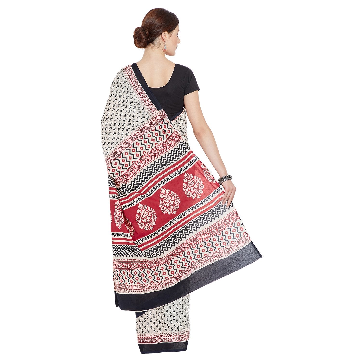 Red & White Sanganeri Hand Block Print Handcrafted Cotton Saree-Saree-Kalakari India-RDSNSA0115-Cotton, Geographical Indication, Hand Blocks, Hand Crafted, Heritage Prints, Sanganeri, Sustainable Fabrics-[Linen,Ethnic,wear,Fashionista,Handloom,Handicraft,Indigo,blockprint,block,print,Cotton,Chanderi,Blue, latest,classy,party,bollywood,trendy,summer,style,traditional,formal,elegant,unique,style,hand,block,print, dabu,booti,gift,present,glamorous,affordable,collectible,Sari,Saree,printed, holi, Di