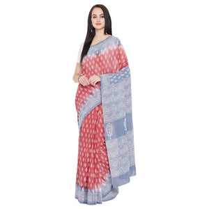 Red & Grey Melange Sanganeri Hand Block Print Handcrafted Cotton Saree-Saree-Kalakari India-RDSNSA0116-Cotton, Geographical Indication, Hand Blocks, Hand Crafted, Heritage Prints, Sanganeri, Sustainable Fabrics-[Linen,Ethnic,wear,Fashionista,Handloom,Handicraft,Indigo,blockprint,block,print,Cotton,Chanderi,Blue, latest,classy,party,bollywood,trendy,summer,style,traditional,formal,elegant,unique,style,hand,block,print, dabu,booti,gift,present,glamorous,affordable,collectible,Sari,Saree,printed, h