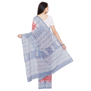 Red & Grey Melange Sanganeri Hand Block Print Handcrafted Cotton Saree-Saree-Kalakari India-RDSNSA0116-Cotton, Geographical Indication, Hand Blocks, Hand Crafted, Heritage Prints, Sanganeri, Sustainable Fabrics-[Linen,Ethnic,wear,Fashionista,Handloom,Handicraft,Indigo,blockprint,block,print,Cotton,Chanderi,Blue, latest,classy,party,bollywood,trendy,summer,style,traditional,formal,elegant,unique,style,hand,block,print, dabu,booti,gift,present,glamorous,affordable,collectible,Sari,Saree,printed, h