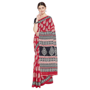 Red & White Cotton Print Bagh Saree-Saree-Kalakari India-RDSNSA0117-Cotton, Geographical Indication, Hand Blocks, Hand Crafted, Heritage Prints, Sanganeri, Sustainable Fabrics-[Linen,Ethnic,wear,Fashionista,Handloom,Handicraft,Indigo,blockprint,block,print,Cotton,Chanderi,Blue, latest,classy,party,bollywood,trendy,summer,style,traditional,formal,elegant,unique,style,hand,block,print, dabu,booti,gift,present,glamorous,affordable,collectible,Sari,Saree,printed, holi, Diwali, birthday, anniversary,