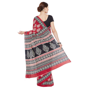 Red & White Cotton Print Bagh Saree-Saree-Kalakari India-RDSNSA0117-Cotton, Geographical Indication, Hand Blocks, Hand Crafted, Heritage Prints, Sanganeri, Sustainable Fabrics-[Linen,Ethnic,wear,Fashionista,Handloom,Handicraft,Indigo,blockprint,block,print,Cotton,Chanderi,Blue, latest,classy,party,bollywood,trendy,summer,style,traditional,formal,elegant,unique,style,hand,block,print, dabu,booti,gift,present,glamorous,affordable,collectible,Sari,Saree,printed, holi, Diwali, birthday, anniversary,