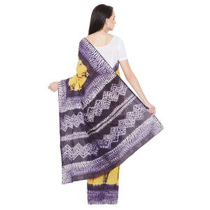 Yellow & Purple Shibori Dyed Handcrafted Cotton Saree-Saree-Kalakari India-RDSNSA0119-Cotton, Geographical Indication, Hand Blocks, Hand Crafted, Heritage Prints, Sarees, Shibori, Sustainable Fabrics-[Linen,Ethnic,wear,Fashionista,Handloom,Handicraft,Indigo,blockprint,block,print,Cotton,Chanderi,Blue, latest,classy,party,bollywood,trendy,summer,style,traditional,formal,elegant,unique,style,hand,block,print, dabu,booti,gift,present,glamorous,affordable,collectible,Sari,Saree,printed, holi, Diwali