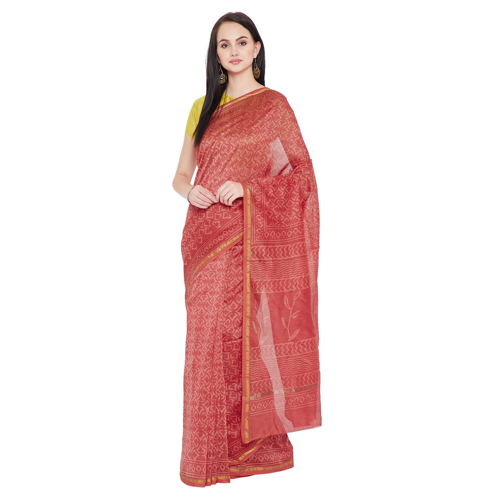 Peach-Coloured & Pink Chanderi Silk Hand Block Print Handcrafted Saree-Saree-Kalakari India-RDSNSA0131-Bagh, Chanderi, Geographical Indication, Hand Blocks, Hand Crafted, Heritage Prints, Sarees, Sustainable Fabrics-[Linen,Ethnic,wear,Fashionista,Handloom,Handicraft,Indigo,blockprint,block,print,Cotton,Chanderi,Blue, latest,classy,party,bollywood,trendy,summer,style,traditional,formal,elegant,unique,style,hand,block,print, dabu,booti,gift,present,glamorous,affordable,collectible,Sari,Saree,print