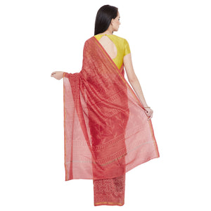 Peach-Coloured & Pink Chanderi Silk Hand Block Print Handcrafted Saree-Saree-Kalakari India-RDSNSA0131-Bagh, Chanderi, Geographical Indication, Hand Blocks, Hand Crafted, Heritage Prints, Sarees, Sustainable Fabrics-[Linen,Ethnic,wear,Fashionista,Handloom,Handicraft,Indigo,blockprint,block,print,Cotton,Chanderi,Blue, latest,classy,party,bollywood,trendy,summer,style,traditional,formal,elegant,unique,style,hand,block,print, dabu,booti,gift,present,glamorous,affordable,collectible,Sari,Saree,print
