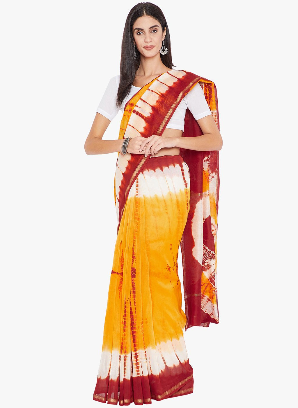 Red & Orange Chanderi Silk Shibori Hand Dyed Handcrafted Saree-Saree-Kalakari India-RDSNSA0133-Chanderi, Geographical Indication, Hand Blocks, Hand Crafted, Heritage Prints, Sarees, Shibori, Silk, Sustainable Fabrics-[Linen,Ethnic,wear,Fashionista,Handloom,Handicraft,Indigo,blockprint,block,print,Cotton,Chanderi,Blue, latest,classy,party,bollywood,trendy,summer,style,traditional,formal,elegant,unique,style,hand,block,print, dabu,booti,gift,present,glamorous,affordable,collectible,Sari,Saree,prin