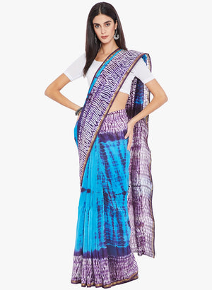 Blue & Purple Silk Chanderi Silk Shibori Hand Dyed Handcrafted Saree-Saree-Kalakari India-RDSNSA0134-Chanderi, Geographical Indication, Hand Blocks, Hand Crafted, Heritage Prints, Sarees, Shibori, Silk, Sustainable Fabrics-[Linen,Ethnic,wear,Fashionista,Handloom,Handicraft,Indigo,blockprint,block,print,Cotton,Chanderi,Blue, latest,classy,party,bollywood,trendy,summer,style,traditional,formal,elegant,unique,style,hand,block,print, dabu,booti,gift,present,glamorous,affordable,collectible,Sari,Sare