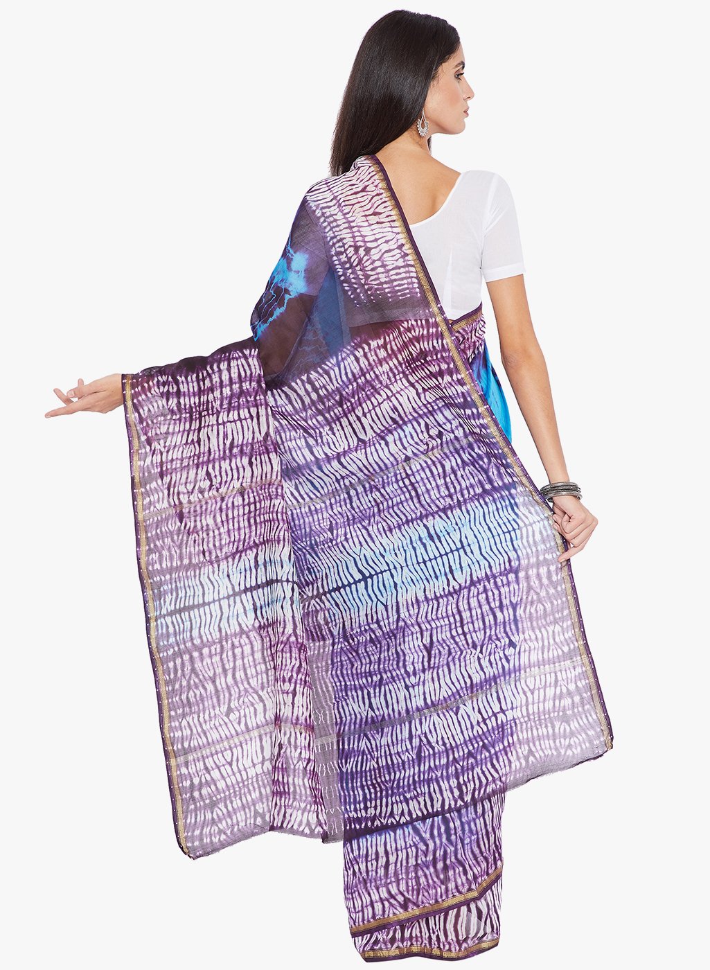 Blue & Purple Silk Chanderi Silk Shibori Hand Dyed Handcrafted Saree-Saree-Kalakari India-RDSNSA0134-Chanderi, Geographical Indication, Hand Blocks, Hand Crafted, Heritage Prints, Sarees, Shibori, Silk, Sustainable Fabrics-[Linen,Ethnic,wear,Fashionista,Handloom,Handicraft,Indigo,blockprint,block,print,Cotton,Chanderi,Blue, latest,classy,party,bollywood,trendy,summer,style,traditional,formal,elegant,unique,style,hand,block,print, dabu,booti,gift,present,glamorous,affordable,collectible,Sari,Sare