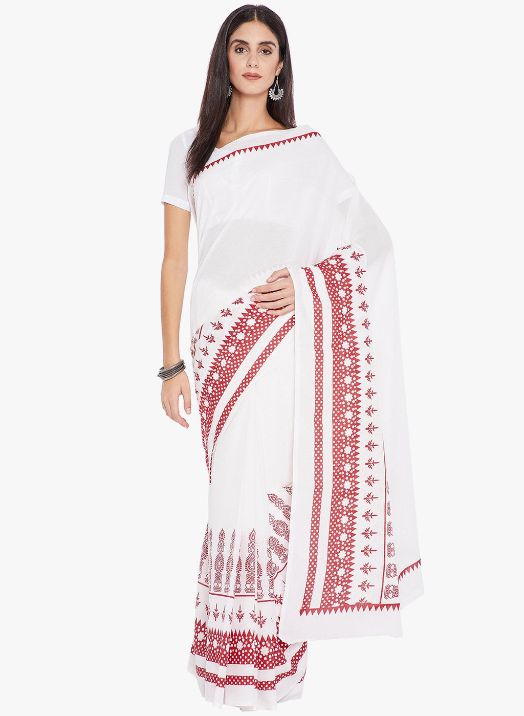 Red & White Hand Block Print Handcrafted Cotton Saree-Saree-Kalakari India-RDSNSA0140-Cotton, Geographical Indication, Hand Blocks, Hand Crafted, Heritage Prints, Sarees, Sustainable Fabrics-[Linen,Ethnic,wear,Fashionista,Handloom,Handicraft,Indigo,blockprint,block,print,Cotton,Chanderi,Blue, latest,classy,party,bollywood,trendy,summer,style,traditional,formal,elegant,unique,style,hand,block,print, dabu,booti,gift,present,glamorous,affordable,collectible,Sari,Saree,printed, holi, Diwali, birthda