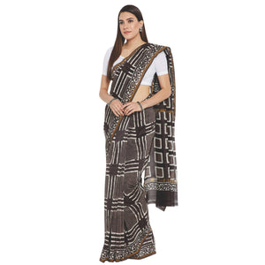 Grey & White Chanderi Silk Hand Block Print Handcrafted Saree-Saree-Kalakari India-RDSWSA0069-Chanderi, Geographical Indication, Hand Blocks, Hand Crafted, Heritage Prints, Sarees, Silk, Sustainable Fabrics-[Linen,Ethnic,wear,Fashionista,Handloom,Handicraft,Indigo,blockprint,block,print,Cotton,Chanderi,Blue, latest,classy,party,bollywood,trendy,summer,style,traditional,formal,elegant,unique,style,hand,block,print, dabu,booti,gift,present,glamorous,affordable,collectible,Sari,Saree,printed, holi,