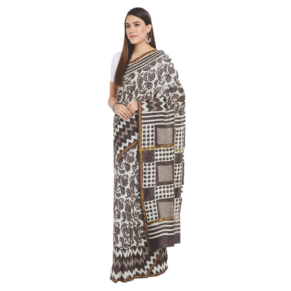 Grey & White Chanderi Silk Hand Block Print Handcrafted Saree-Saree-Kalakari India-RDSWSA0070-Chanderi, Geographical Indication, Hand Blocks, Hand Crafted, Heritage Prints, Sarees, Silk, Sustainable Fabrics-[Linen,Ethnic,wear,Fashionista,Handloom,Handicraft,Indigo,blockprint,block,print,Cotton,Chanderi,Blue, latest,classy,party,bollywood,trendy,summer,style,traditional,formal,elegant,unique,style,hand,block,print, dabu,booti,gift,present,glamorous,affordable,collectible,Sari,Saree,printed, holi,