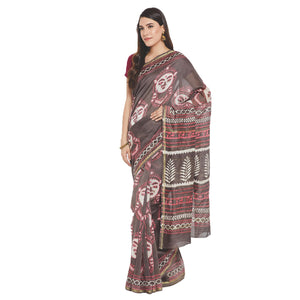 Grey & Brown Chanderi Silk Hand Block Print Handcrafted Saree-Saree-Kalakari India-RDSWSA0072-Chanderi, Geographical Indication, Hand Blocks, Hand Crafted, Heritage Prints, Sarees, Silk, Sustainable Fabrics-[Linen,Ethnic,wear,Fashionista,Handloom,Handicraft,Indigo,blockprint,block,print,Cotton,Chanderi,Blue, latest,classy,party,bollywood,trendy,summer,style,traditional,formal,elegant,unique,style,hand,block,print, dabu,booti,gift,present,glamorous,affordable,collectible,Sari,Saree,printed, holi,