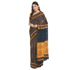 Yellow & Black Chanderi Silk Hand Block Print Handcrafted Saree-Saree-Kalakari India-RDSWSA0073-Chanderi, Geographical Indication, Hand Blocks, Hand Crafted, Heritage Prints, Sarees, Silk, Sustainable Fabrics-[Linen,Ethnic,wear,Fashionista,Handloom,Handicraft,Indigo,blockprint,block,print,Cotton,Chanderi,Blue, latest,classy,party,bollywood,trendy,summer,style,traditional,formal,elegant,unique,style,hand,block,print, dabu,booti,gift,present,glamorous,affordable,collectible,Sari,Saree,printed, hol