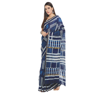 Navy Blue & Off-White Chanderi Silk Hand Block Print Handcrafted Saree-Saree-Kalakari India-RDSWSA0074-Chanderi, Geographical Indication, Hand Blocks, Hand Crafted, Heritage Prints, Sarees, Silk, Sustainable Fabrics-[Linen,Ethnic,wear,Fashionista,Handloom,Handicraft,Indigo,blockprint,block,print,Cotton,Chanderi,Blue, latest,classy,party,bollywood,trendy,summer,style,traditional,formal,elegant,unique,style,hand,block,print, dabu,booti,gift,present,glamorous,affordable,collectible,Sari,Saree,print