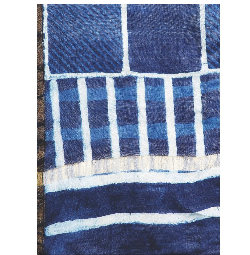 Navy Blue & Off-White Chanderi Silk Hand Block Print Handcrafted Saree-Saree-Kalakari India-RDSWSA0074-Chanderi, Geographical Indication, Hand Blocks, Hand Crafted, Heritage Prints, Sarees, Silk, Sustainable Fabrics-[Linen,Ethnic,wear,Fashionista,Handloom,Handicraft,Indigo,blockprint,block,print,Cotton,Chanderi,Blue, latest,classy,party,bollywood,trendy,summer,style,traditional,formal,elegant,unique,style,hand,block,print, dabu,booti,gift,present,glamorous,affordable,collectible,Sari,Saree,print