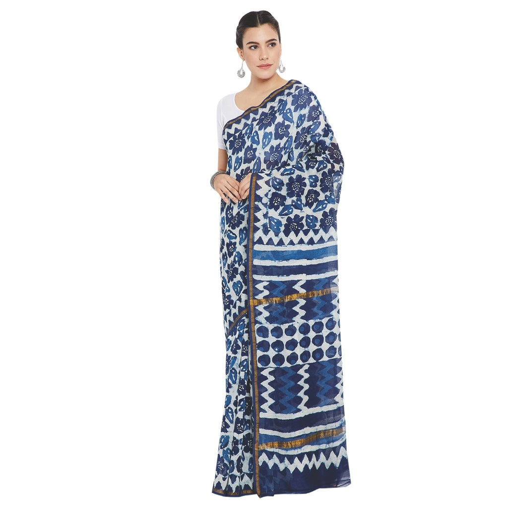 Navy Blue & White Chanderi Silk Hand Block Print Handcrafted Saree-Saree-Kalakari India-RDSWSA0075-Chanderi, Geographical Indication, Hand Blocks, Hand Crafted, Heritage Prints, Indigo, Sarees, Sustainable Fabrics-[Linen,Ethnic,wear,Fashionista,Handloom,Handicraft,Indigo,blockprint,block,print,Cotton,Chanderi,Blue, latest,classy,party,bollywood,trendy,summer,style,traditional,formal,elegant,unique,style,hand,block,print, dabu,booti,gift,present,glamorous,affordable,collectible,Sari,Saree,printed