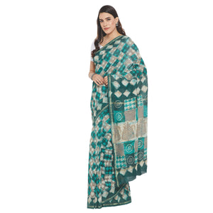 Green & White Chanderi Silk Hand Block Print Handcrafted Saree-Saree-Kalakari India-RDSWSA0078-Chanderi, Geographical Indication, Hand Blocks, Hand Crafted, Heritage Prints, Sarees, Silk, Sustainable Fabrics-[Linen,Ethnic,wear,Fashionista,Handloom,Handicraft,Indigo,blockprint,block,print,Cotton,Chanderi,Blue, latest,classy,party,bollywood,trendy,summer,style,traditional,formal,elegant,unique,style,hand,block,print, dabu,booti,gift,present,glamorous,affordable,collectible,Sari,Saree,printed, holi