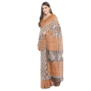 Orange & Grey Chanderi Silk Hand Block Print Handcrafted Saree-Saree-Kalakari India-RDSWSA0079-Chanderi, Geographical Indication, Hand Blocks, Hand Crafted, Heritage Prints, Sarees, Silk, Sustainable Fabrics-[Linen,Ethnic,wear,Fashionista,Handloom,Handicraft,Indigo,blockprint,block,print,Cotton,Chanderi,Blue, latest,classy,party,bollywood,trendy,summer,style,traditional,formal,elegant,unique,style,hand,block,print, dabu,booti,gift,present,glamorous,affordable,collectible,Sari,Saree,printed, holi