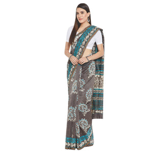 Grey & Blue Chanderi Silk Hand Block Print Handcrafted Saree-Saree-Kalakari India-RDSWSA0080-Chanderi, Geographical Indication, Hand Blocks, Hand Crafted, Heritage Prints, Sarees, Silk, Sustainable Fabrics-[Linen,Ethnic,wear,Fashionista,Handloom,Handicraft,Indigo,blockprint,block,print,Cotton,Chanderi,Blue, latest,classy,party,bollywood,trendy,summer,style,traditional,formal,elegant,unique,style,hand,block,print, dabu,booti,gift,present,glamorous,affordable,collectible,Sari,Saree,printed, holi, 