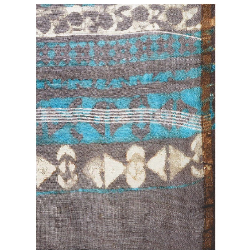 Grey & Blue Chanderi Silk Hand Block Print Handcrafted Saree-Saree-Kalakari India-RDSWSA0080-Chanderi, Geographical Indication, Hand Blocks, Hand Crafted, Heritage Prints, Sarees, Silk, Sustainable Fabrics-[Linen,Ethnic,wear,Fashionista,Handloom,Handicraft,Indigo,blockprint,block,print,Cotton,Chanderi,Blue, latest,classy,party,bollywood,trendy,summer,style,traditional,formal,elegant,unique,style,hand,block,print, dabu,booti,gift,present,glamorous,affordable,collectible,Sari,Saree,printed, holi, 