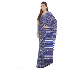 Navy Blue & White Indigo Screen Print Handcrafted Cotton Saree-Saree-Kalakari India-RDSWSA0082-Cotton, Geographical Indication, Hand Blocks, Hand Crafted, Heritage Prints, Indigo, Sarees, Screen Print, Sustainable Fabrics-[Linen,Ethnic,wear,Fashionista,Handloom,Handicraft,Indigo,blockprint,block,print,Cotton,Chanderi,Blue, latest,classy,party,bollywood,trendy,summer,style,traditional,formal,elegant,unique,style,hand,block,print, dabu,booti,gift,present,glamorous,affordable,collectible,Sari,Saree