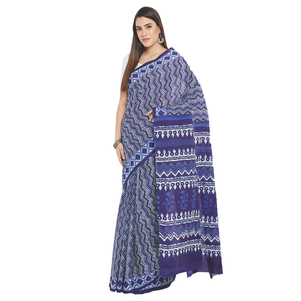 Navy Blue & White Indigo Screen Print Handcrafted Cotton Saree-Saree-Kalakari India-RDSWSA0083-Cotton, Geographical Indication, Hand Blocks, Hand Crafted, Heritage Prints, Indigo, Sarees, Screen Print, Sustainable Fabrics-[Linen,Ethnic,wear,Fashionista,Handloom,Handicraft,Indigo,blockprint,block,print,Cotton,Chanderi,Blue, latest,classy,party,bollywood,trendy,summer,style,traditional,formal,elegant,unique,style,hand,block,print, dabu,booti,gift,present,glamorous,affordable,collectible,Sari,Saree