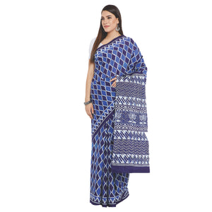 Navy Blue & White Indigo Screen Print Handcrafted Cotton Saree-Saree-Kalakari India-RDSWSA0084-Cotton, Geographical Indication, Hand Blocks, Hand Crafted, Heritage Prints, Indigo, Sarees, Screen Print, Sustainable Fabrics-[Linen,Ethnic,wear,Fashionista,Handloom,Handicraft,Indigo,blockprint,block,print,Cotton,Chanderi,Blue, latest,classy,party,bollywood,trendy,summer,style,traditional,formal,elegant,unique,style,hand,block,print, dabu,booti,gift,present,glamorous,affordable,collectible,Sari,Saree