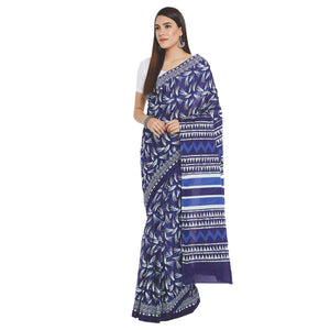 Navy Blue & White Indigo Screen Print Handcrafted Cotton Saree-Saree-Kalakari India-RDSWSA0085-Cotton, Geographical Indication, Hand Blocks, Hand Crafted, Heritage Prints, Indigo, Sarees, Screen Print, Sustainable Fabrics-[Linen,Ethnic,wear,Fashionista,Handloom,Handicraft,Indigo,blockprint,block,print,Cotton,Chanderi,Blue, latest,classy,party,bollywood,trendy,summer,style,traditional,formal,elegant,unique,style,hand,block,print, dabu,booti,gift,present,glamorous,affordable,collectible,Sari,Saree