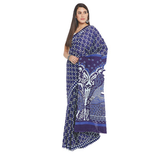 Navy Blue & White Indigo Screen Print Handcrafted Cotton Saree-Saree-Kalakari India-RDSWSA0086-Cotton, Geographical Indication, Hand Blocks, Hand Crafted, Heritage Prints, Indigo, Sarees, Screen Print, Sustainable Fabrics-[Linen,Ethnic,wear,Fashionista,Handloom,Handicraft,Indigo,blockprint,block,print,Cotton,Chanderi,Blue, latest,classy,party,bollywood,trendy,summer,style,traditional,formal,elegant,unique,style,hand,block,print, dabu,booti,gift,present,glamorous,affordable,collectible,Sari,Saree