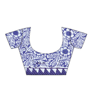 Navy Blue & White Indigo Screen Print Handcrafted Cotton Saree-Saree-Kalakari India-RDSWSA0086-Cotton, Geographical Indication, Hand Blocks, Hand Crafted, Heritage Prints, Indigo, Sarees, Screen Print, Sustainable Fabrics-[Linen,Ethnic,wear,Fashionista,Handloom,Handicraft,Indigo,blockprint,block,print,Cotton,Chanderi,Blue, latest,classy,party,bollywood,trendy,summer,style,traditional,formal,elegant,unique,style,hand,block,print, dabu,booti,gift,present,glamorous,affordable,collectible,Sari,Saree