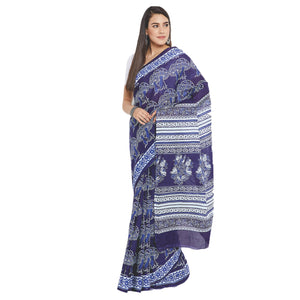 Navy Blue & White Indigo Screen Print Handcrafted Cotton Saree-Saree-Kalakari India-RDSWSA0088-Cotton, Geographical Indication, Hand Blocks, Hand Crafted, Heritage Prints, Indigo, Sarees, Screen Print, Sustainable Fabrics-[Linen,Ethnic,wear,Fashionista,Handloom,Handicraft,Indigo,blockprint,block,print,Cotton,Chanderi,Blue, latest,classy,party,bollywood,trendy,summer,style,traditional,formal,elegant,unique,style,hand,block,print, dabu,booti,gift,present,glamorous,affordable,collectible,Sari,Saree