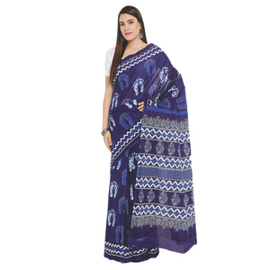 Navy Blue & White Indigo Screen Print Handcrafted Cotton Saree-Saree-Kalakari India-RDSWSA0089-Cotton, Geographical Indication, Hand Blocks, Hand Crafted, Heritage Prints, Indigo, Sarees, Screen Print, Sustainable Fabrics-[Linen,Ethnic,wear,Fashionista,Handloom,Handicraft,Indigo,blockprint,block,print,Cotton,Chanderi,Blue, latest,classy,party,bollywood,trendy,summer,style,traditional,formal,elegant,unique,style,hand,block,print, dabu,booti,gift,present,glamorous,affordable,collectible,Sari,Saree