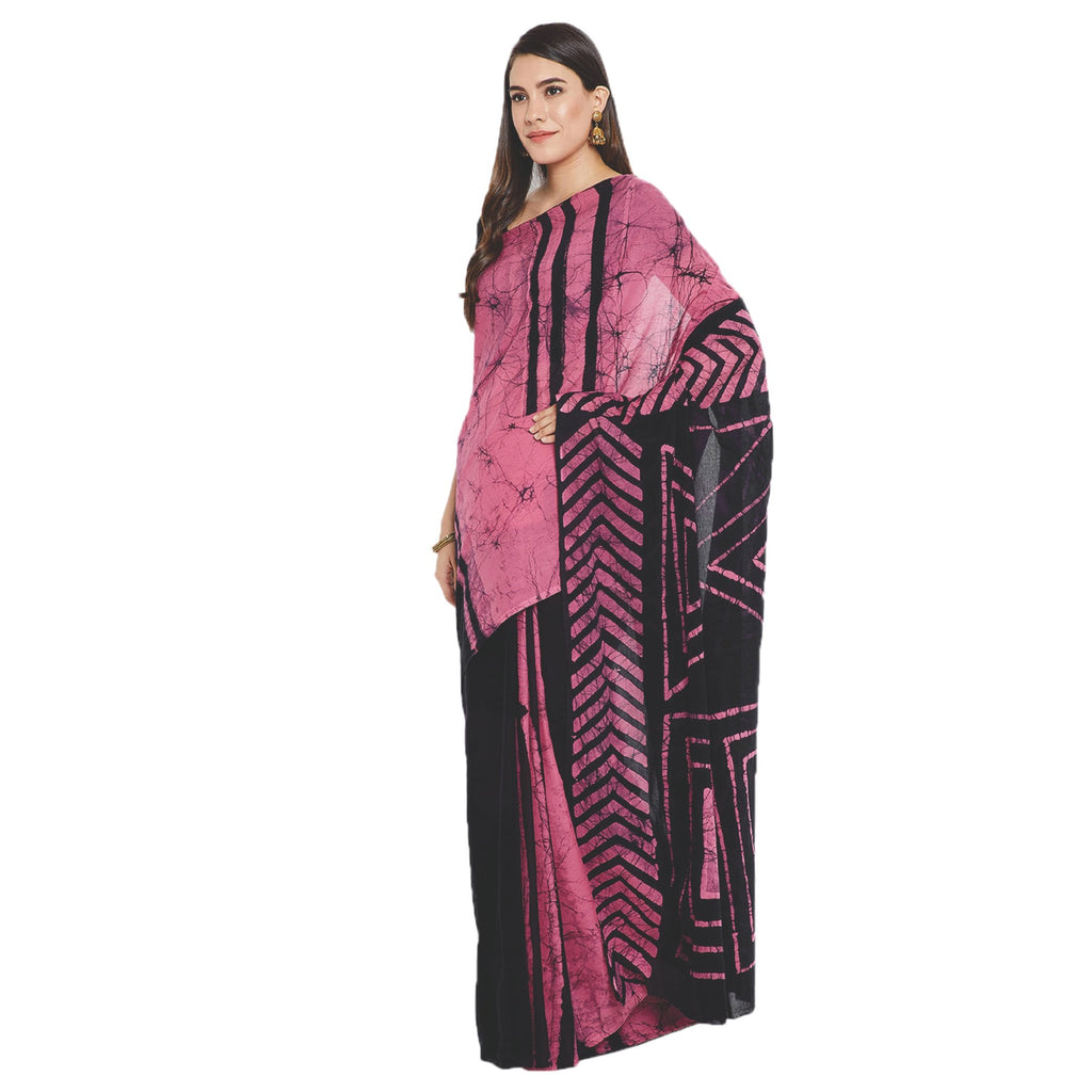 Pink & Black Batik Colour Block Print Handcrafted Cotton Saree-Saree-Kalakari India-RDSWSA0090-Chanderi, Geographical Indication, Hand Blocks, Hand Crafted, Heritage Prints, Sarees, Sustainable Fabrics-[Linen,Ethnic,wear,Fashionista,Handloom,Handicraft,Indigo,blockprint,block,print,Cotton,Chanderi,Blue, latest,classy,party,bollywood,trendy,summer,style,traditional,formal,elegant,unique,style,hand,block,print, dabu,booti,gift,present,glamorous,affordable,collectible,Sari,Saree,printed, holi, Diwa