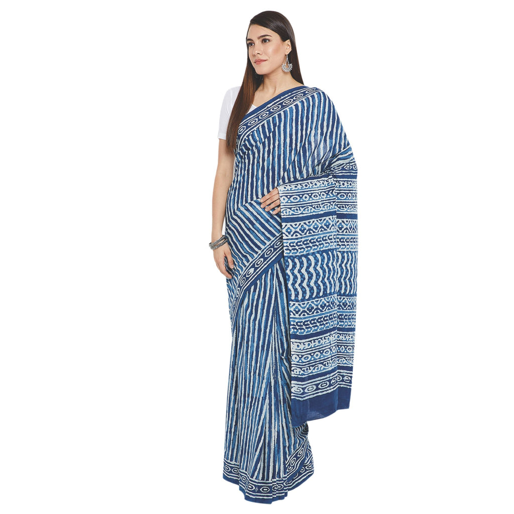 Blue & White Indigo Hand Block Print Handcrafted Cotton Saree-Saree-Kalakari India-RDSWSA0091-Cotton, Geographical Indication, Hand Blocks, Hand Crafted, Heritage Prints, Indigo, Sarees, Sustainable Fabrics-[Linen,Ethnic,wear,Fashionista,Handloom,Handicraft,Indigo,blockprint,block,print,Cotton,Chanderi,Blue, latest,classy,party,bollywood,trendy,summer,style,traditional,formal,elegant,unique,style,hand,block,print, dabu,booti,gift,present,glamorous,affordable,collectible,Sari,Saree,printed, holi,