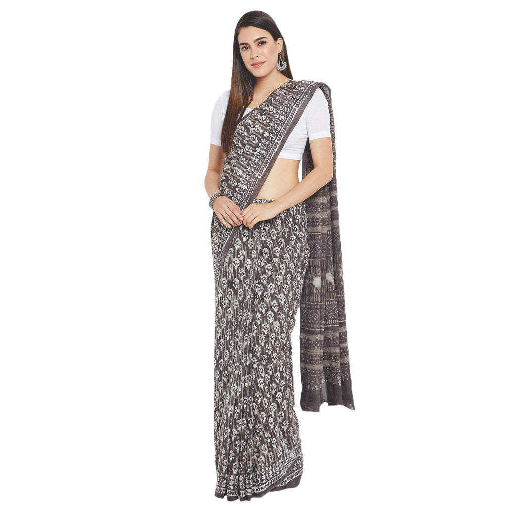 Grey & White Hand Block Print Handcrafted Cotton Saree-Saree-Kalakari India-RDSWSA0092-Chanderi, Geographical Indication, Hand Blocks, Hand Crafted, Heritage Prints, Sarees, Sustainable Fabrics-[Linen,Ethnic,wear,Fashionista,Handloom,Handicraft,Indigo,blockprint,block,print,Cotton,Chanderi,Blue, latest,classy,party,bollywood,trendy,summer,style,traditional,formal,elegant,unique,style,hand,block,print, dabu,booti,gift,present,glamorous,affordable,collectible,Sari,Saree,printed, holi, Diwali, birt