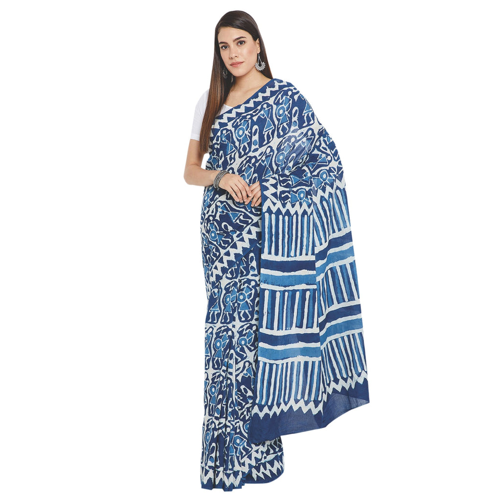 Blue & White Indigo Hand Block Print Handcrafted Cotton Saree-Saree-Kalakari India-RDSWSA0096-Cotton, Geographical Indication, Hand Blocks, Hand Crafted, Heritage Prints, Indigo, Sarees, Sustainable Fabrics-[Linen,Ethnic,wear,Fashionista,Handloom,Handicraft,Indigo,blockprint,block,print,Cotton,Chanderi,Blue, latest,classy,party,bollywood,trendy,summer,style,traditional,formal,elegant,unique,style,hand,block,print, dabu,booti,gift,present,glamorous,affordable,collectible,Sari,Saree,printed, holi,