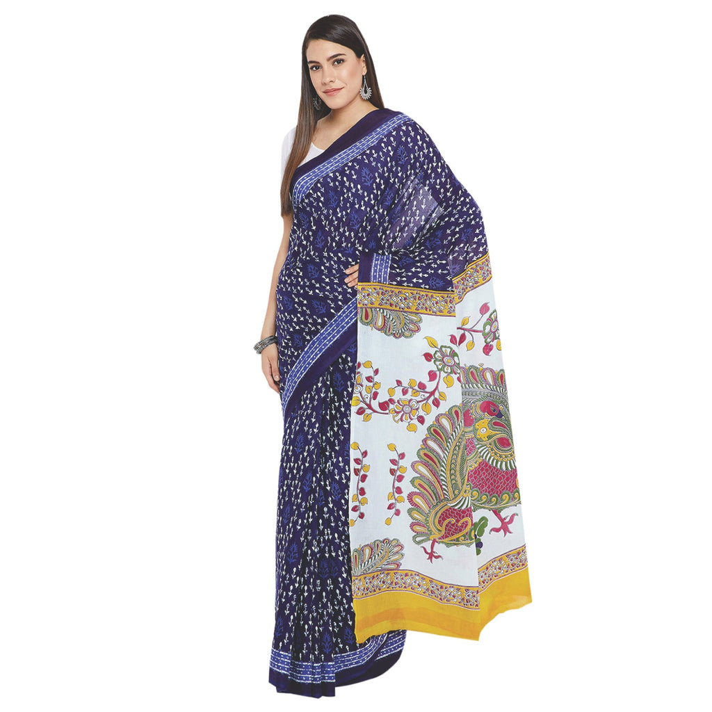 Navy Blue & White Indigo Screen Print Handcrafted Cotton Saree-Saree-Kalakari India-RDSWSA0097-Cotton, Geographical Indication, Hand Blocks, Hand Crafted, Heritage Prints, Indigo, Sarees, Screen Print, Sustainable Fabrics-[Linen,Ethnic,wear,Fashionista,Handloom,Handicraft,Indigo,blockprint,block,print,Cotton,Chanderi,Blue, latest,classy,party,bollywood,trendy,summer,style,traditional,formal,elegant,unique,style,hand,block,print, dabu,booti,gift,present,glamorous,affordable,collectible,Sari,Saree