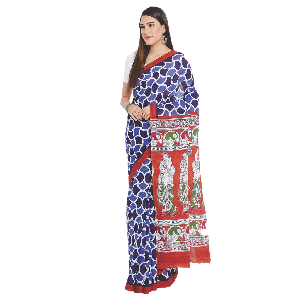 Navy Blue & White Indigo Screen Print Handcrafted Cotton Saree-Saree-Kalakari India-RDSWSA0098-Cotton, Geographical Indication, Hand Blocks, Hand Crafted, Heritage Prints, Indigo, Sarees, Screen Print, Sustainable Fabrics-[Linen,Ethnic,wear,Fashionista,Handloom,Handicraft,Indigo,blockprint,block,print,Cotton,Chanderi,Blue, latest,classy,party,bollywood,trendy,summer,style,traditional,formal,elegant,unique,style,hand,block,print, dabu,booti,gift,present,glamorous,affordable,collectible,Sari,Saree