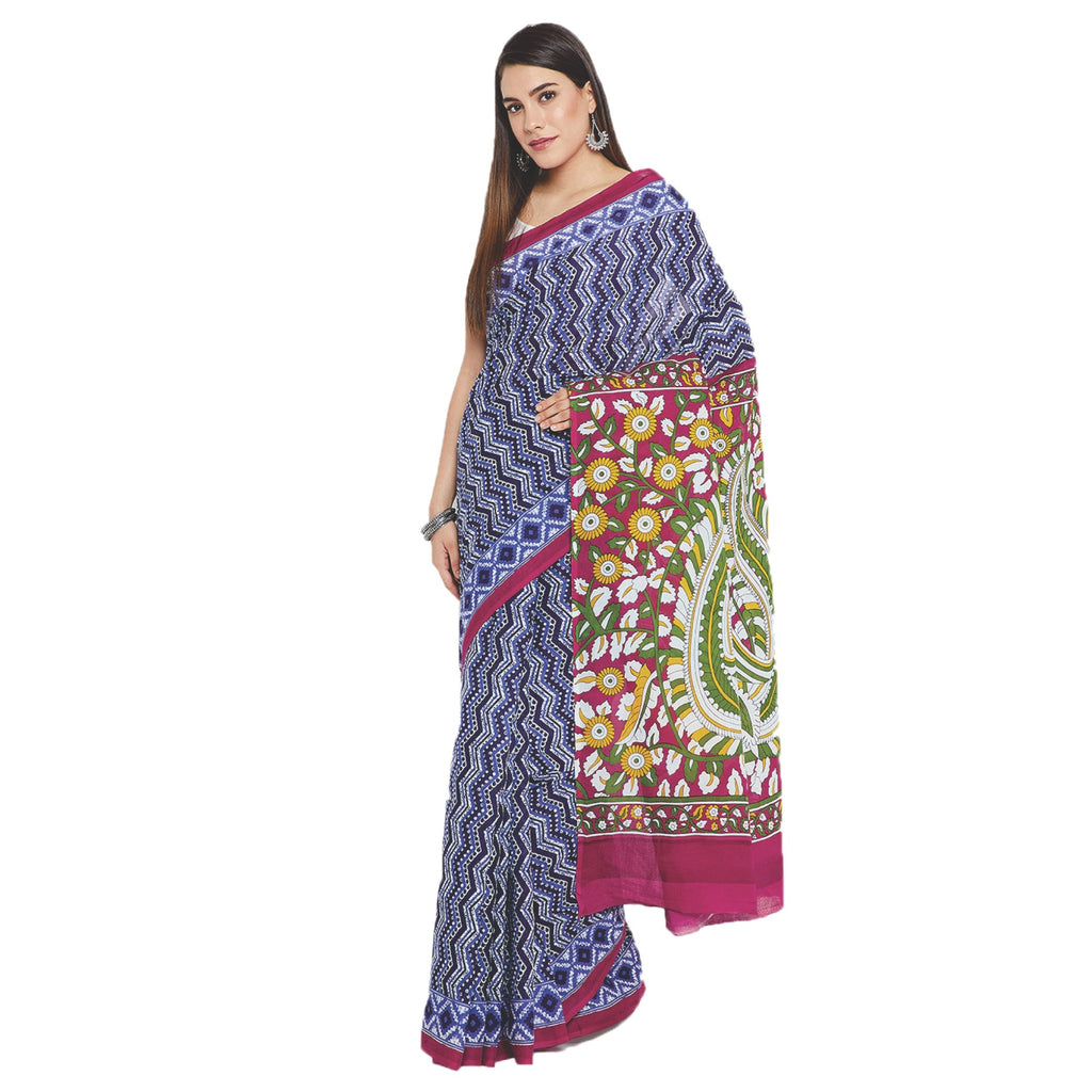 Navy Blue & White Indigo Screen Print Handcrafted Cotton Saree-Saree-Kalakari India-RDSWSA0099-Cotton, Geographical Indication, Hand Blocks, Hand Crafted, Heritage Prints, Indigo, Sarees, Screen Print, Sustainable Fabrics-[Linen,Ethnic,wear,Fashionista,Handloom,Handicraft,Indigo,blockprint,block,print,Cotton,Chanderi,Blue, latest,classy,party,bollywood,trendy,summer,style,traditional,formal,elegant,unique,style,hand,block,print, dabu,booti,gift,present,glamorous,affordable,collectible,Sari,Saree