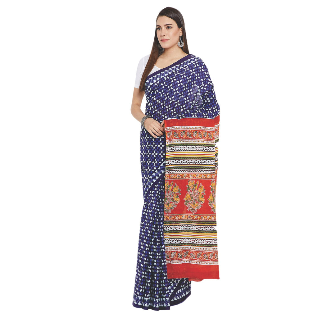 Navy Blue & White Indigo Screen Print Handcrafted Cotton Saree-Saree-Kalakari India-RDSWSA0100-Cotton, Geographical Indication, Hand Blocks, Hand Crafted, Heritage Prints, Indigo, Sarees, Screen Print, Sustainable Fabrics-[Linen,Ethnic,wear,Fashionista,Handloom,Handicraft,Indigo,blockprint,block,print,Cotton,Chanderi,Blue, latest,classy,party,bollywood,trendy,summer,style,traditional,formal,elegant,unique,style,hand,block,print, dabu,booti,gift,present,glamorous,affordable,collectible,Sari,Saree