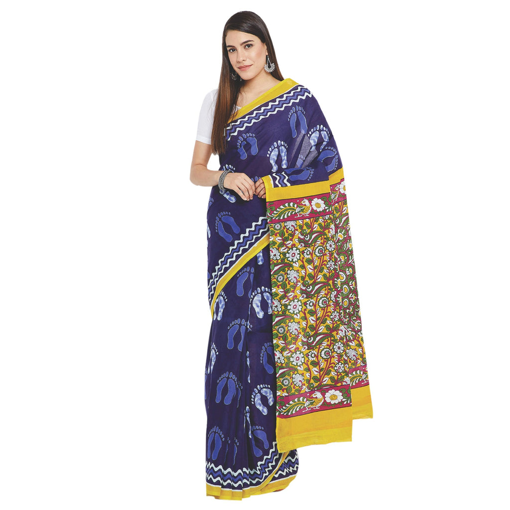 Navy Blue & White Indigo Screen Print Handcrafted Cotton Saree-Saree-Kalakari India-RDSWSA0103-Cotton, Geographical Indication, Hand Blocks, Hand Crafted, Heritage Prints, Indigo, Sarees, Screen Print, Sustainable Fabrics-[Linen,Ethnic,wear,Fashionista,Handloom,Handicraft,Indigo,blockprint,block,print,Cotton,Chanderi,Blue, latest,classy,party,bollywood,trendy,summer,style,traditional,formal,elegant,unique,style,hand,block,print, dabu,booti,gift,present,glamorous,affordable,collectible,Sari,Saree