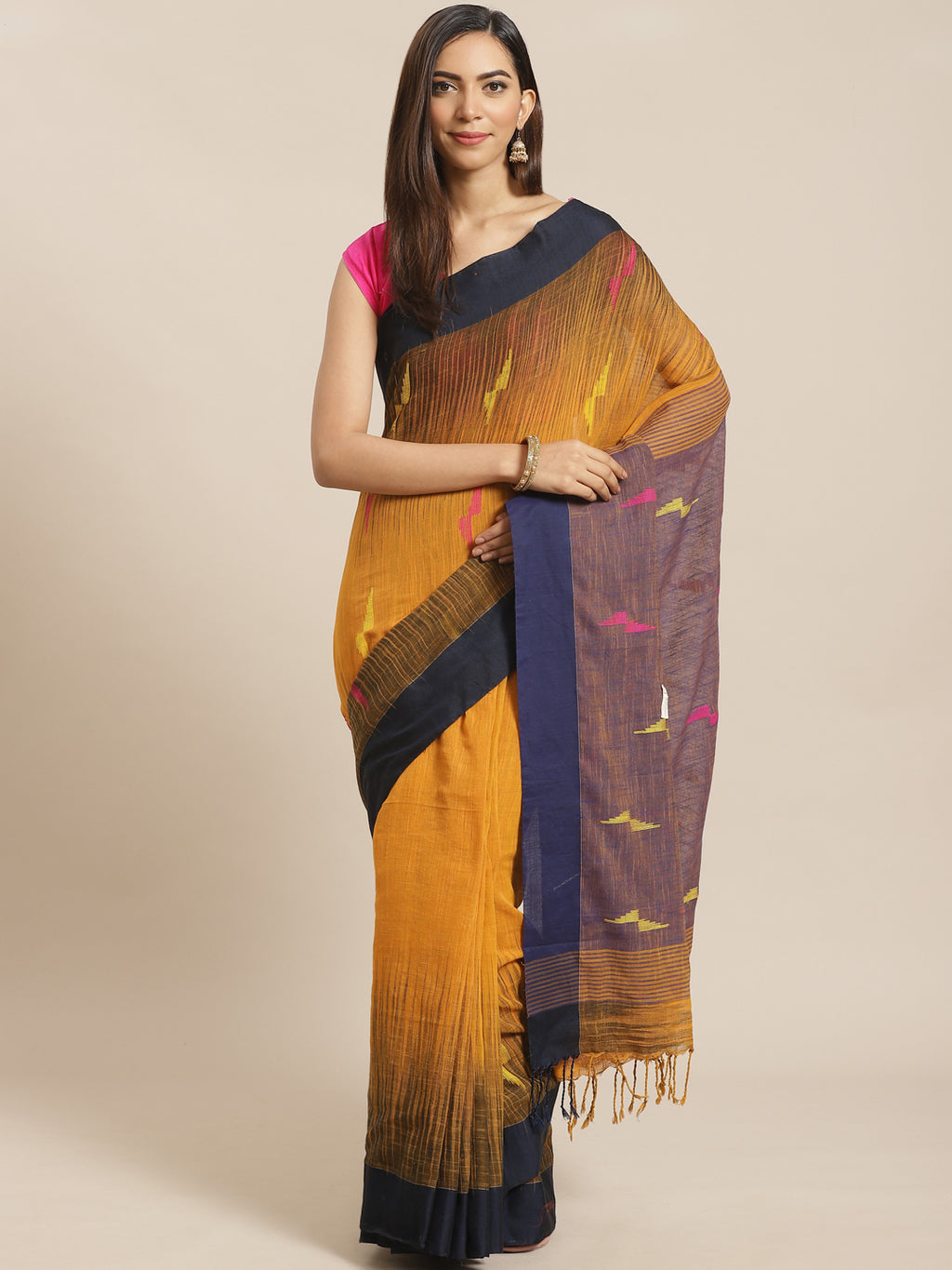 Mustard and Blue, Kalakari India Cotton Mustard Hand crafted saree with blouse SHBESA0001-Saree-Kalakari India-SHBESA0001-Bengal, Cotton, Geographical Indication, Hand Crafted, Heritage Prints, Ikkat, Natural Dyes, Red, Sarees, Sustainable Fabrics, Woven, Yellow-[Linen,Ethnic,wear,Fashionista,Handloom,Handicraft,Indigo,blockprint,block,print,Cotton,Chanderi,Blue, latest,classy,party,bollywood,trendy,summer,style,traditional,formal,elegant,unique,style,hand,block,print, dabu,booti,gift,present,gl