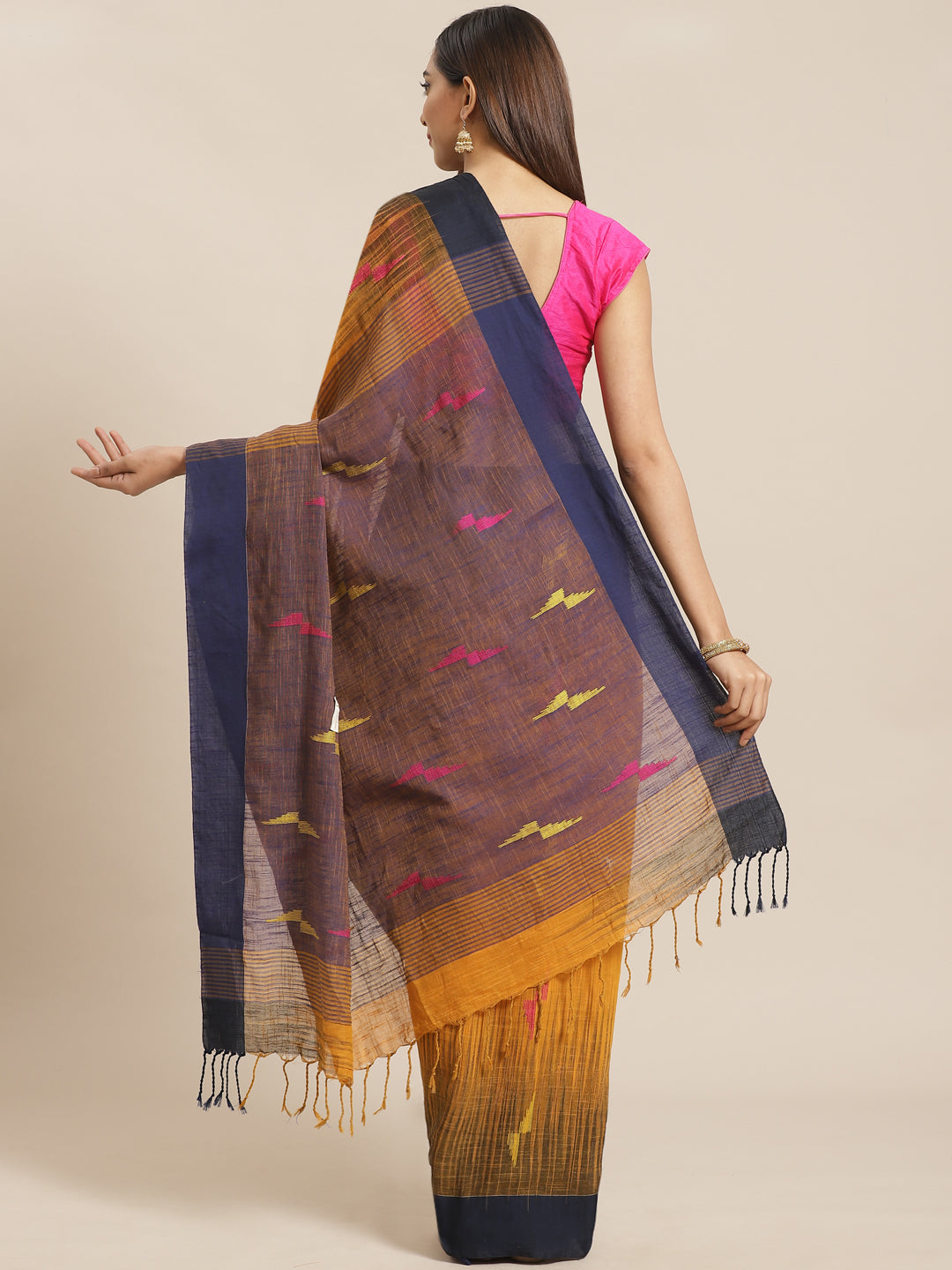 Mustard and Blue, Kalakari India Cotton Mustard Hand crafted saree with blouse SHBESA0001-Saree-Kalakari India-SHBESA0001-Bengal, Cotton, Geographical Indication, Hand Crafted, Heritage Prints, Ikkat, Natural Dyes, Red, Sarees, Sustainable Fabrics, Woven, Yellow-[Linen,Ethnic,wear,Fashionista,Handloom,Handicraft,Indigo,blockprint,block,print,Cotton,Chanderi,Blue, latest,classy,party,bollywood,trendy,summer,style,traditional,formal,elegant,unique,style,hand,block,print, dabu,booti,gift,present,gl