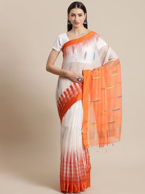 White and Orange, Kalakari India Cotton Silk White Hand crafted saree with blouse SHBESA0002-Saree-Kalakari India-SHBESA0002-Bengal, Cotton, Geographical Indication, Hand Crafted, Heritage Prints, Ikkat, Natural Dyes, Red, Sarees, Sustainable Fabrics, Woven, Yellow-[Linen,Ethnic,wear,Fashionista,Handloom,Handicraft,Indigo,blockprint,block,print,Cotton,Chanderi,Blue, latest,classy,party,bollywood,trendy,summer,style,traditional,formal,elegant,unique,style,hand,block,print, dabu,booti,gift,present