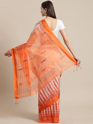 White and Orange, Kalakari India Cotton Silk White Hand crafted saree with blouse SHBESA0002-Saree-Kalakari India-SHBESA0002-Bengal, Cotton, Geographical Indication, Hand Crafted, Heritage Prints, Ikkat, Natural Dyes, Red, Sarees, Sustainable Fabrics, Woven, Yellow-[Linen,Ethnic,wear,Fashionista,Handloom,Handicraft,Indigo,blockprint,block,print,Cotton,Chanderi,Blue, latest,classy,party,bollywood,trendy,summer,style,traditional,formal,elegant,unique,style,hand,block,print, dabu,booti,gift,present