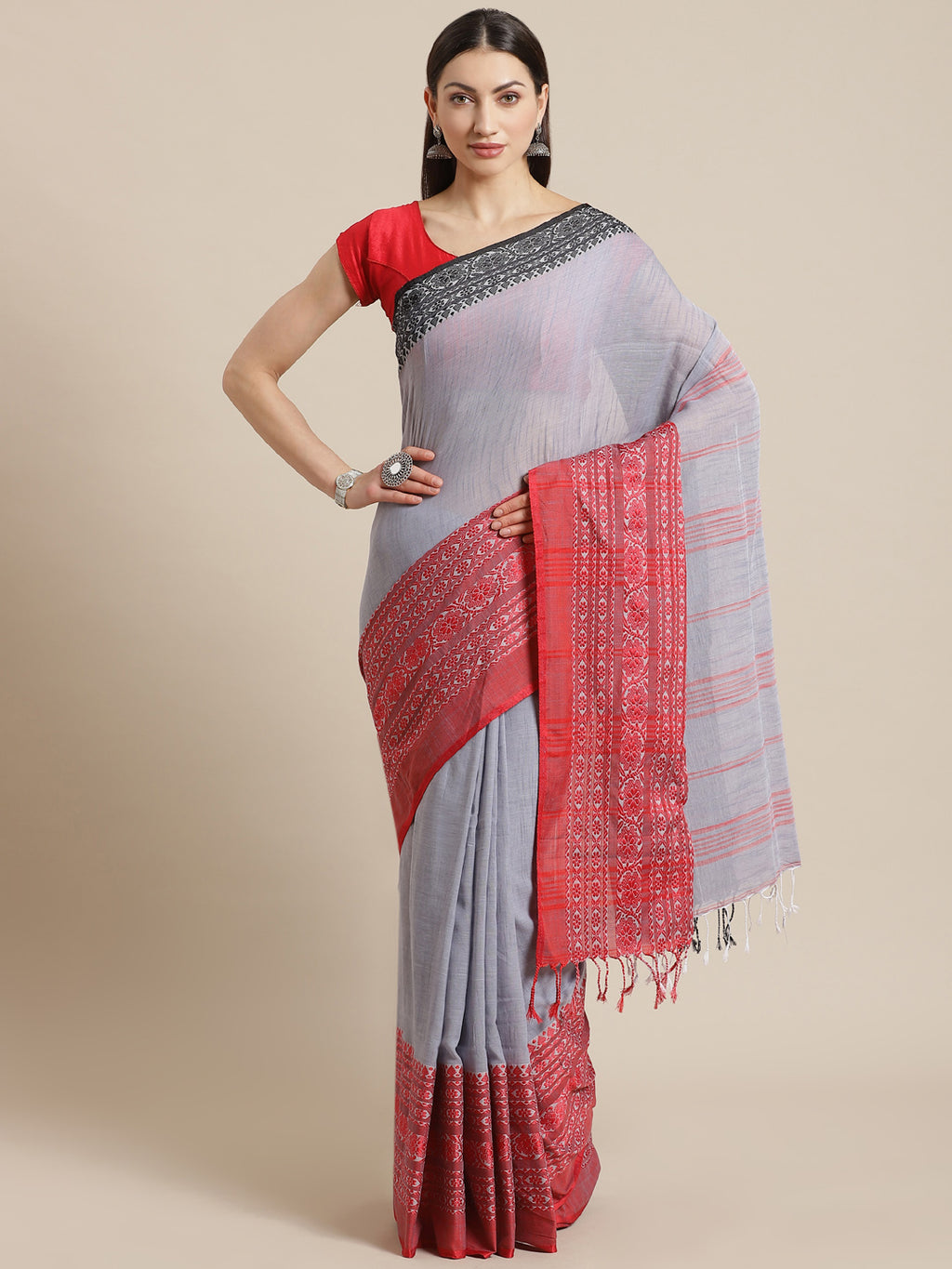 Grey and Red, Kalakari India Cotton Grey Hand crafted saree with blouse SHBESA0003-Saree-Kalakari India-SHBESA0003-Begumpuri, Bengal, Cotton, Geographical Indication, Hand Crafted, Heritage Prints, Natural Dyes, Red, Sarees, Sustainable Fabrics, Woven, Yellow-[Linen,Ethnic,wear,Fashionista,Handloom,Handicraft,Indigo,blockprint,block,print,Cotton,Chanderi,Blue, latest,classy,party,bollywood,trendy,summer,style,traditional,formal,elegant,unique,style,hand,block,print, dabu,booti,gift,present,glamo