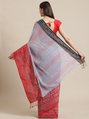 Grey and Red, Kalakari India Cotton Grey Hand crafted saree with blouse SHBESA0003-Saree-Kalakari India-SHBESA0003-Begumpuri, Bengal, Cotton, Geographical Indication, Hand Crafted, Heritage Prints, Natural Dyes, Red, Sarees, Sustainable Fabrics, Woven, Yellow-[Linen,Ethnic,wear,Fashionista,Handloom,Handicraft,Indigo,blockprint,block,print,Cotton,Chanderi,Blue, latest,classy,party,bollywood,trendy,summer,style,traditional,formal,elegant,unique,style,hand,block,print, dabu,booti,gift,present,glamo