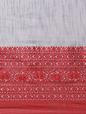 Grey and Red, Kalakari India Cotton Grey Hand crafted saree with blouse SHBESA0003-Saree-Kalakari India-SHBESA0003-Begumpuri, Bengal, Cotton, Geographical Indication, Hand Crafted, Heritage Prints, Natural Dyes, Red, Sarees, Sustainable Fabrics, Woven, Yellow-[Linen,Ethnic,wear,Fashionista,Handloom,Handicraft,Indigo,blockprint,block,print,Cotton,Chanderi,Blue, latest,classy,party,bollywood,trendy,summer,style,traditional,formal,elegant,unique,style,hand,block,print, dabu,booti,gift,present,glamo
