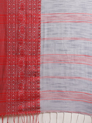 Grey and Red, Kalakari India Cotton Grey Hand crafted saree with blouse SHBESA0003-Saree-Kalakari India-SHBESA0003-Begumpuri, Bengal, Cotton, Geographical Indication, Hand Crafted, Heritage Prints, Natural Dyes, Red, Sarees, Sustainable Fabrics, Woven, Yellow-[Linen,Ethnic,wear,Fashionista,Handloom,Handicraft,Indigo,blockprint,block,print,Cotton,Chanderi,Blue, latest,classy,party,bollywood,trendy,summer,style,traditional,formal,elegant,unique,style,hand,block,print, dabu,booti,gift,present,glamo