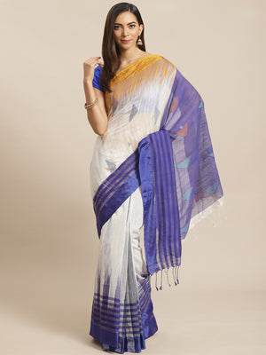 White and Blue, Kalakari India Cotton Silk White Hand crafted saree with blouse SHBESA0004-Saree-Kalakari India-SHBESA0004-Bengal, Cotton, Geographical Indication, Hand Crafted, Heritage Prints, Ikkat, Natural Dyes, Red, Sarees, Sustainable Fabrics, Woven, Yellow-[Linen,Ethnic,wear,Fashionista,Handloom,Handicraft,Indigo,blockprint,block,print,Cotton,Chanderi,Blue, latest,classy,party,bollywood,trendy,summer,style,traditional,formal,elegant,unique,style,hand,block,print, dabu,booti,gift,present,g